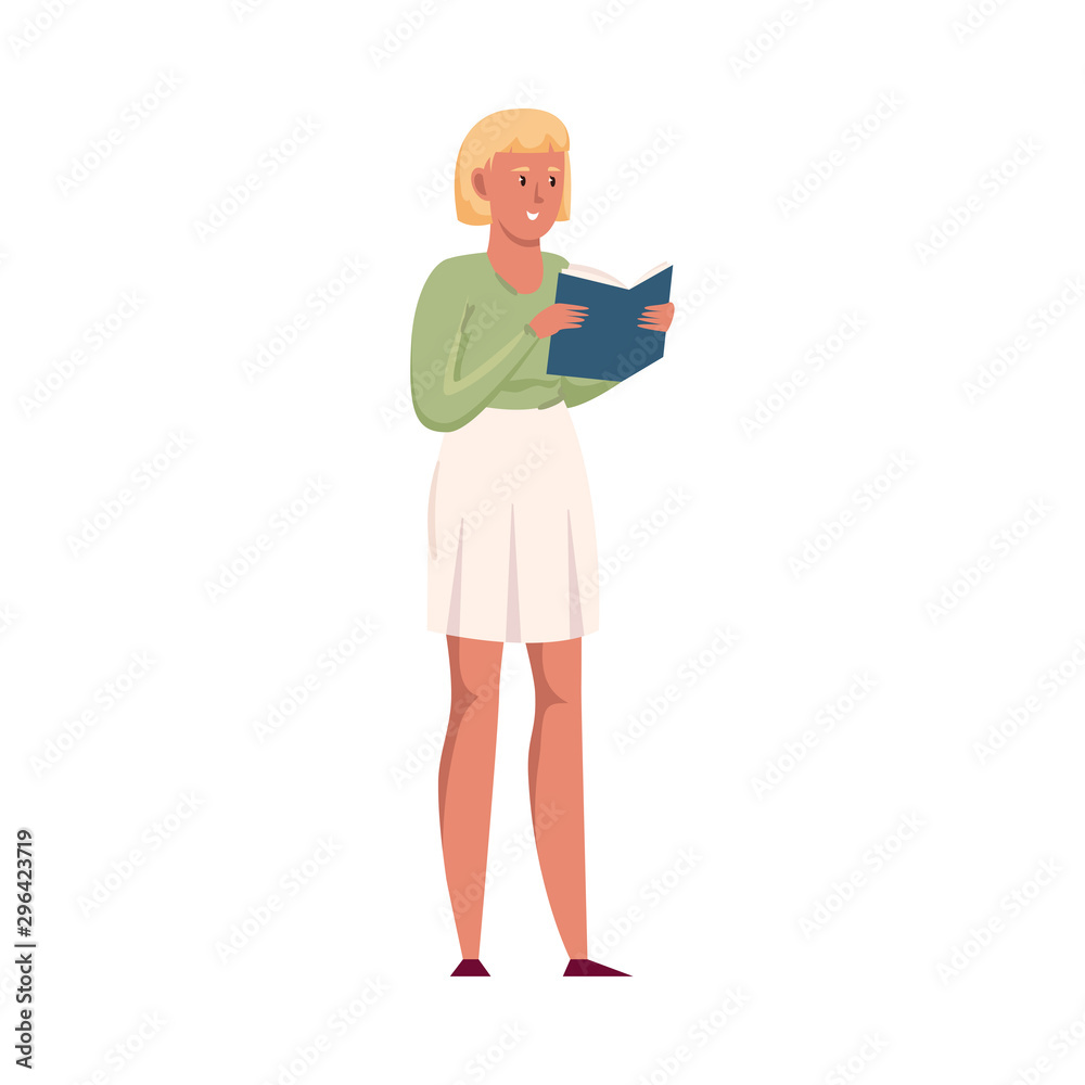 Young girl standing and reading a book with the blue cover. Vector illustration in a flat cartoon style. Young girl standing and reading a book with the blue cover. Vector illustration in a flat cartoon style.