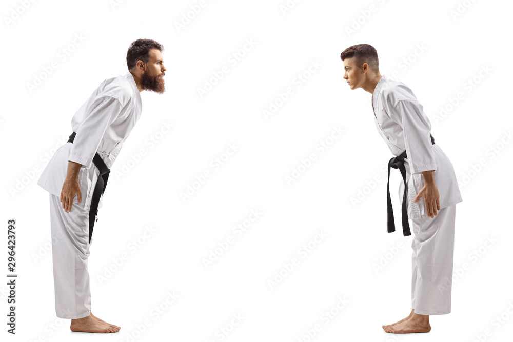 Young boy bowing to karate instructor Young boy bowing to karate instructor