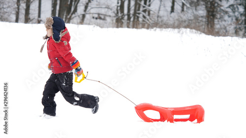 Happy child pull a sledge running happy in white nature, slow motion