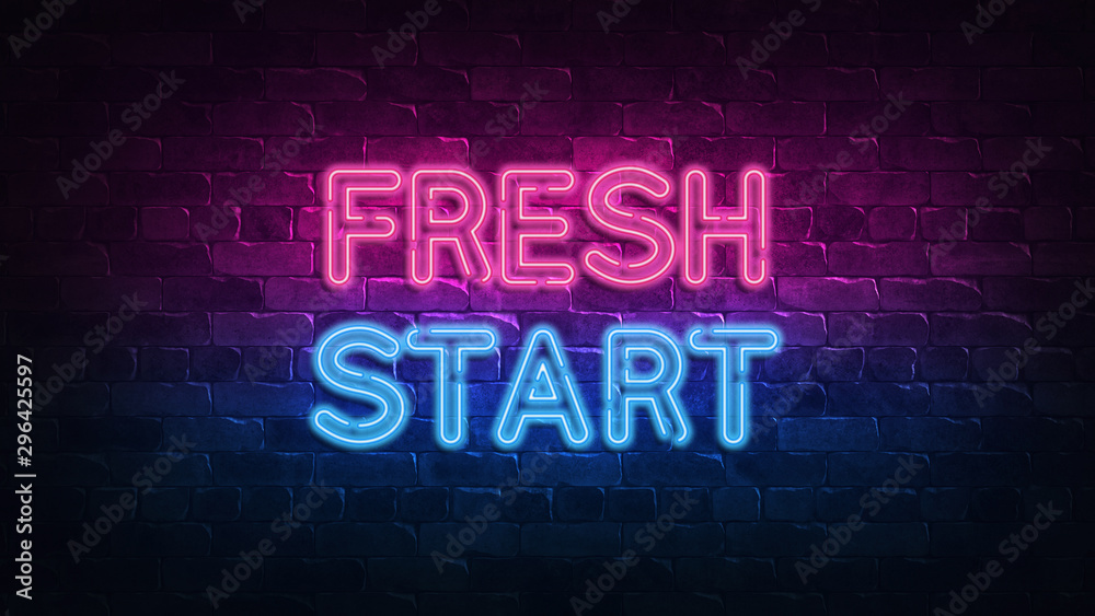 Fresh start neon sign. purple and blue glow. neon text. Brick wall lit by neon lamps. Night lighting on the wall. 3d illustration. Trendy Design. light banner, bright advertisement