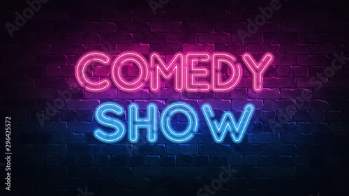 comedy show neon sign. purple and blue glow. neon text. Brick wall lit by neon lamps. Night lighting on the wall. 3d illustration. Trendy Design. light banner, bright advertisement photo