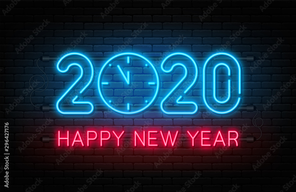 Happy New Year 2020. Neon sign, glowing text 2020 with clock inside. New Year and Christmas decoration. Neon light effect for background, banner, poster and greeting card