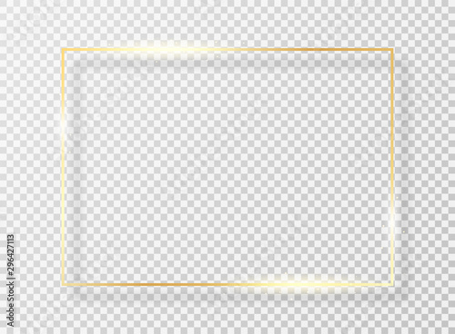 Golden frame with light effect. Golden shiny frame or border with glare and glitters isolated on transparent background