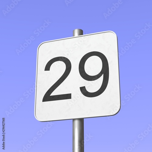 Number 29. Twenty nine. Street sign on blue clear sky background