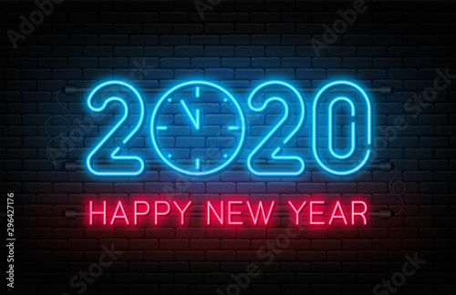 Happy New Year 2020. Neon sign, glowing text 2020 with clock inside. New Year and Christmas decoration. Neon light effect for background, banner, poster and greeting card