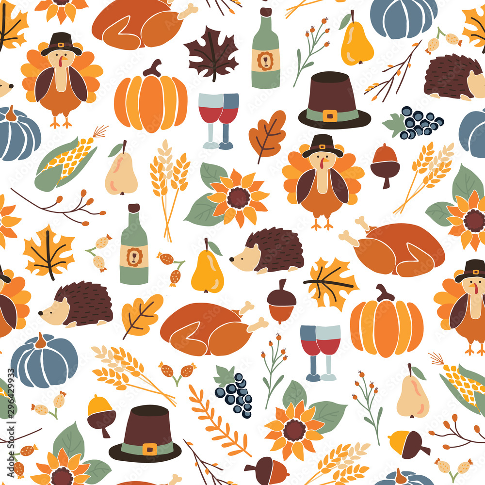 Seamless Thanksgiving day vector pattern with pumpkins, hats, sunflowers, turkey, hedgehog, wine bottle, and leaves. Autumn repeating background for party invitation, fabric, packaging, dinner party