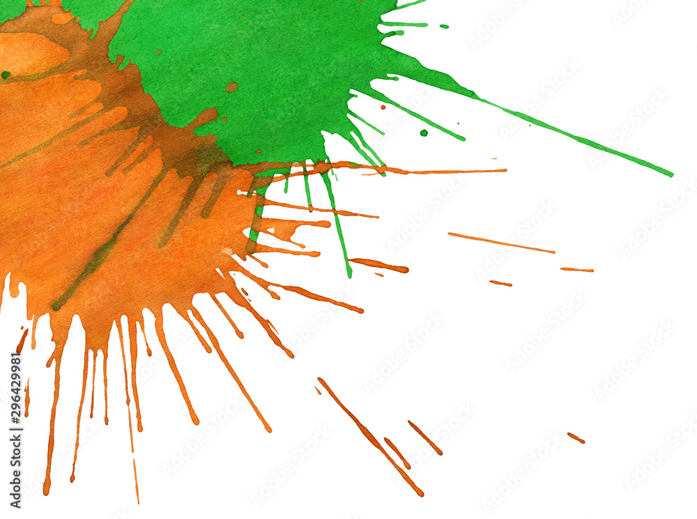 Abstract orange-green paint drops isolated on white background - obrazy, fototapety, plakaty 