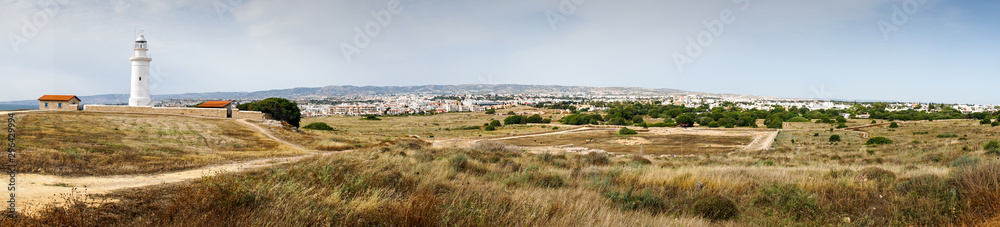 Panoramic view of coastal well known lighthouse inside of Paphos Archaeological Park on the island Cyprus, near town Paphos Panoramic view of coastal well known lighthouse inside of Paphos Archaeological Park on the island Cyprus, near town Paphos