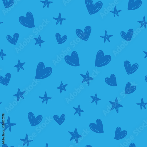 Stars and hearts doodles seamless pattern. Hand drawn texture background. © Matias