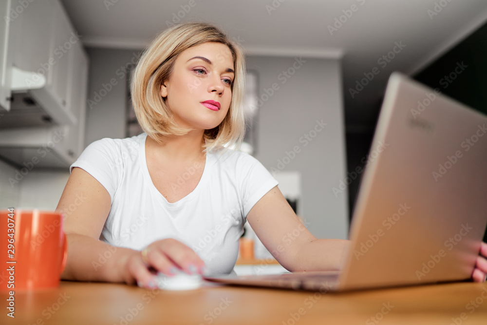 Fototapeta premium Working at home. Freelance concept. Pretty young woman using laptop in kitchen.