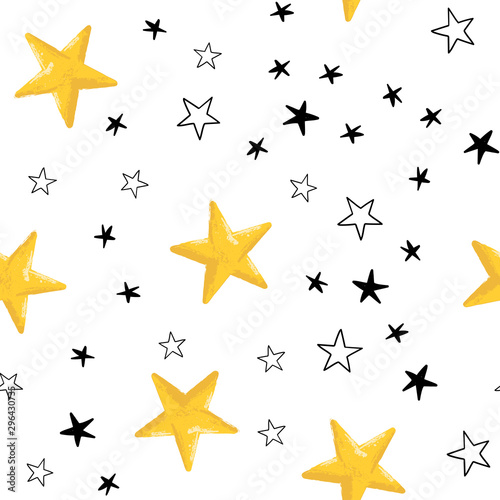 Star doodles seamless pattern. Hand drawn stars texture background.