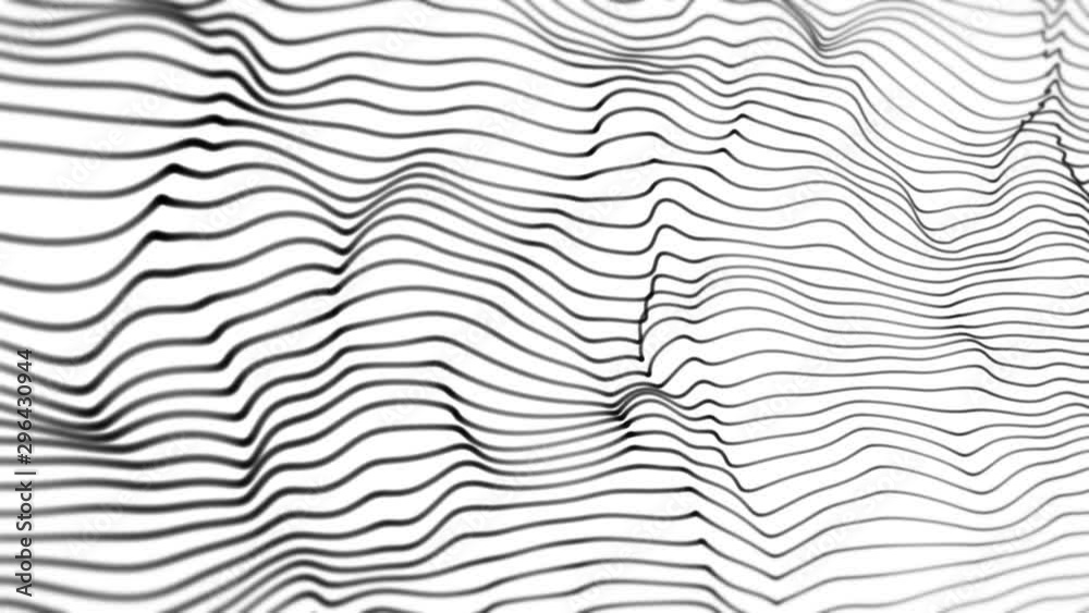 Digital abstract Waving Lines Backdrop. Black lines displace wave form on white background. Seamless loop 4K