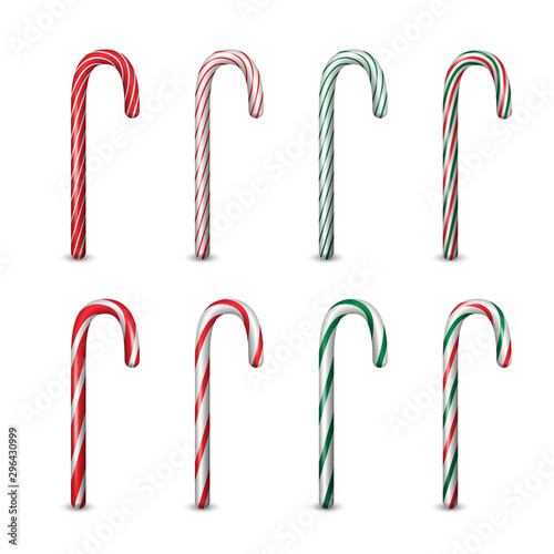 Vector 3d Realistic Christmas and New Year Candy Cane Icon Set Closeup Isolated on White Background. Xmas Sweet. Template for greeting card. Front View
