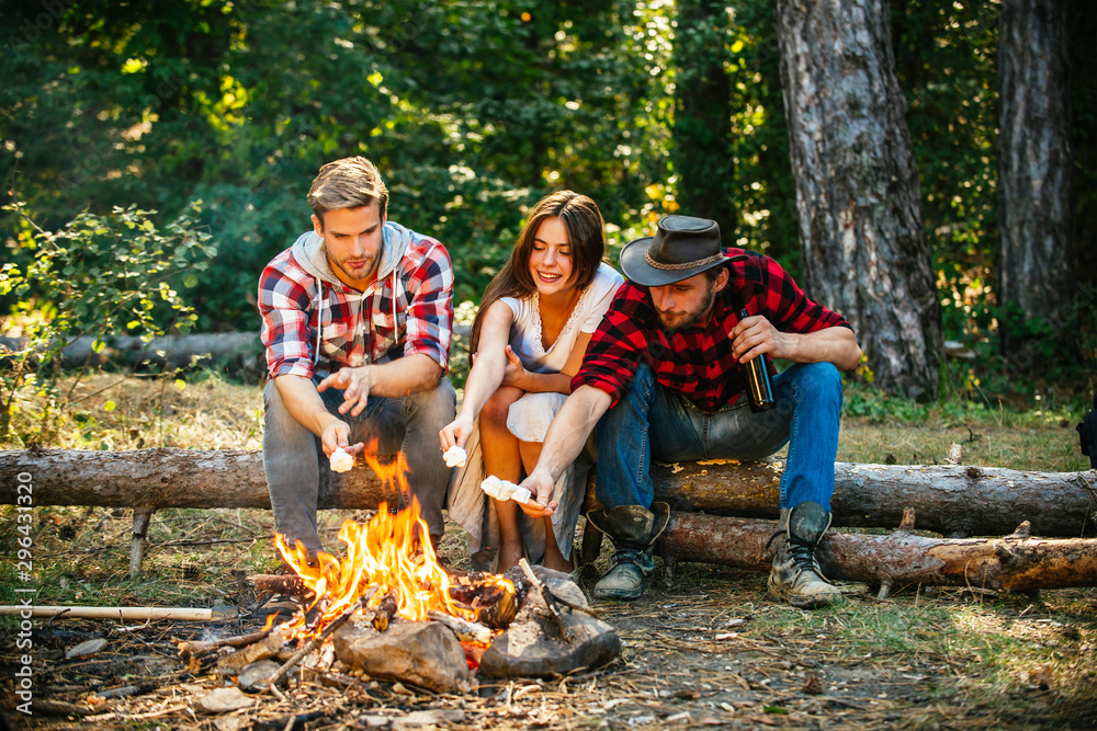Friends roast marshmallow candies on the campfire in forest. Picnic friends. Tourism concept. Roasting marshmallows barbecue. Camp adventure and travel concept.