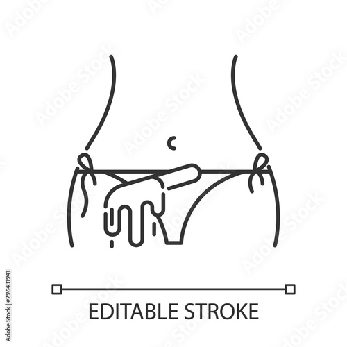 Bikini waxing linear icon. Female hair removal procedure. Depilation with natural soft hot wax. Thin line illustration. Contour symbol. Vector isolated outline drawing. Editable stroke