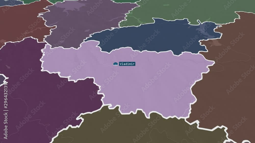 Vladimir - region of Russia (territory after annexation of Crimea in 2014) with its capital zoomed on the administrative map of the globe. Animation 3D Vladimir - region of Russia (territory after annexation of Crimea in 2014) with its capital zoomed on the administrative map of the globe. Animation 3D