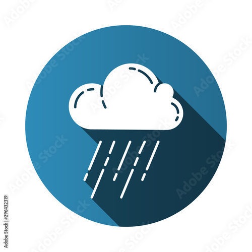 Downpour blue flat design long shadow glyph icon. Rainstorm. Cloud, heavy rainfall. Torrential, pouring rain. Meteorological phenomenon. Monsoon. Rainy season. Vector silhouette illustration