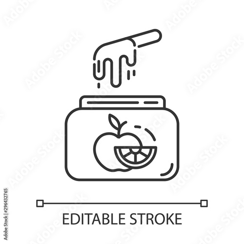 Fruit waxing linear icon. Natural, soft, cold wax in jar with spatula. Body hair removal equipment. Thin line illustration. Contour symbol. Vector isolated outline drawing. Editable stroke