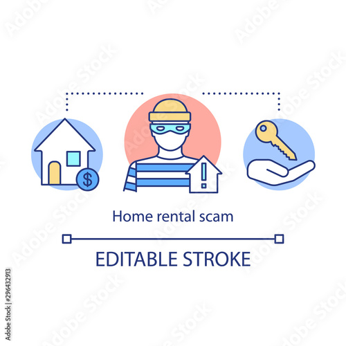 Home rental scam concept icon. Housing fraud idea thin line illustration. Fake rental company. Illegal actions, money stealing. Breaking the law. Vector isolated outline drawing. Editable stroke