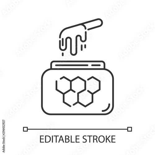 Honey waxing linear icon. Natural soft cold wax in jar with spatula. Body hair removal equipment. Thin line illustration. Contour symbol. Vector isolated outline drawing. Editable stroke