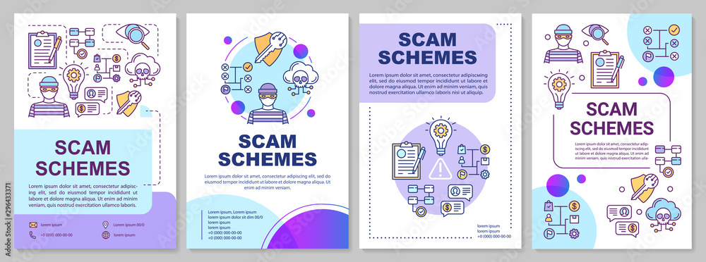 Scam schemes brochure template. Fraud strategy flyer, booklet, leaflet, cover design with linear illustrations. Plan of crime. Vector page layouts for magazines, annual reports, advertising posters