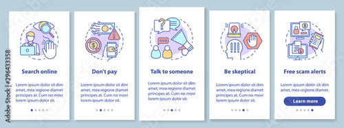 Scam prevention onboarding mobile app page screen with linear concepts. Search online. Five walkthrough steps graphic instructions. Free scam alerts. UX, UI, GUI vector template with illustrations
