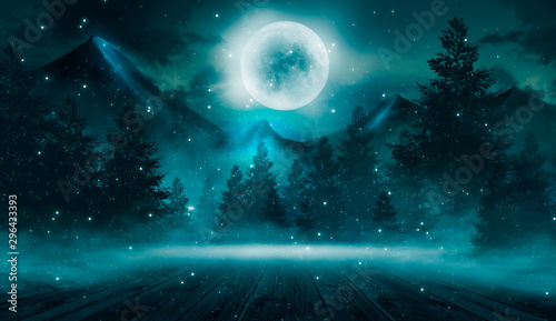  Dark abstract winter forest background. Wooden floor  snow  fog. Dark night background in the forest with moonlight. Night view  magic