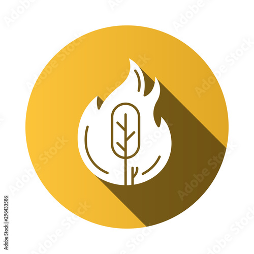 Wildfire yellow flat design long shadow glyph icon. Burning tree. Natural disaster. Ecological problem. Human negligence, arson. Danger of fire in forest. Vector silhouette illustration