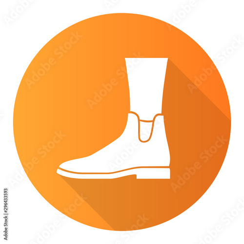 Women ankle boots orange flat design long shadow glyph icon. Chelsea trendy shoes side view. Female flat heel footwear for fall season. Ladies clothing accessory. Vector silhouette illustration