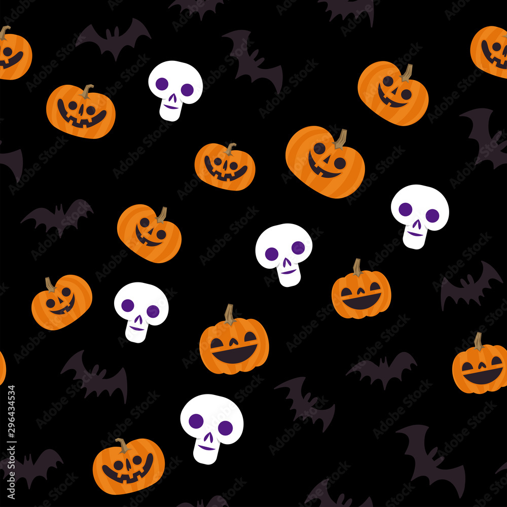 Halloween seamless pattern. Skulls, pumpkins and bats. Cute illustrations. Background texture. Halloween seamless pattern. Skulls, pumpkins and bats. Cute illustrations. Background texture.