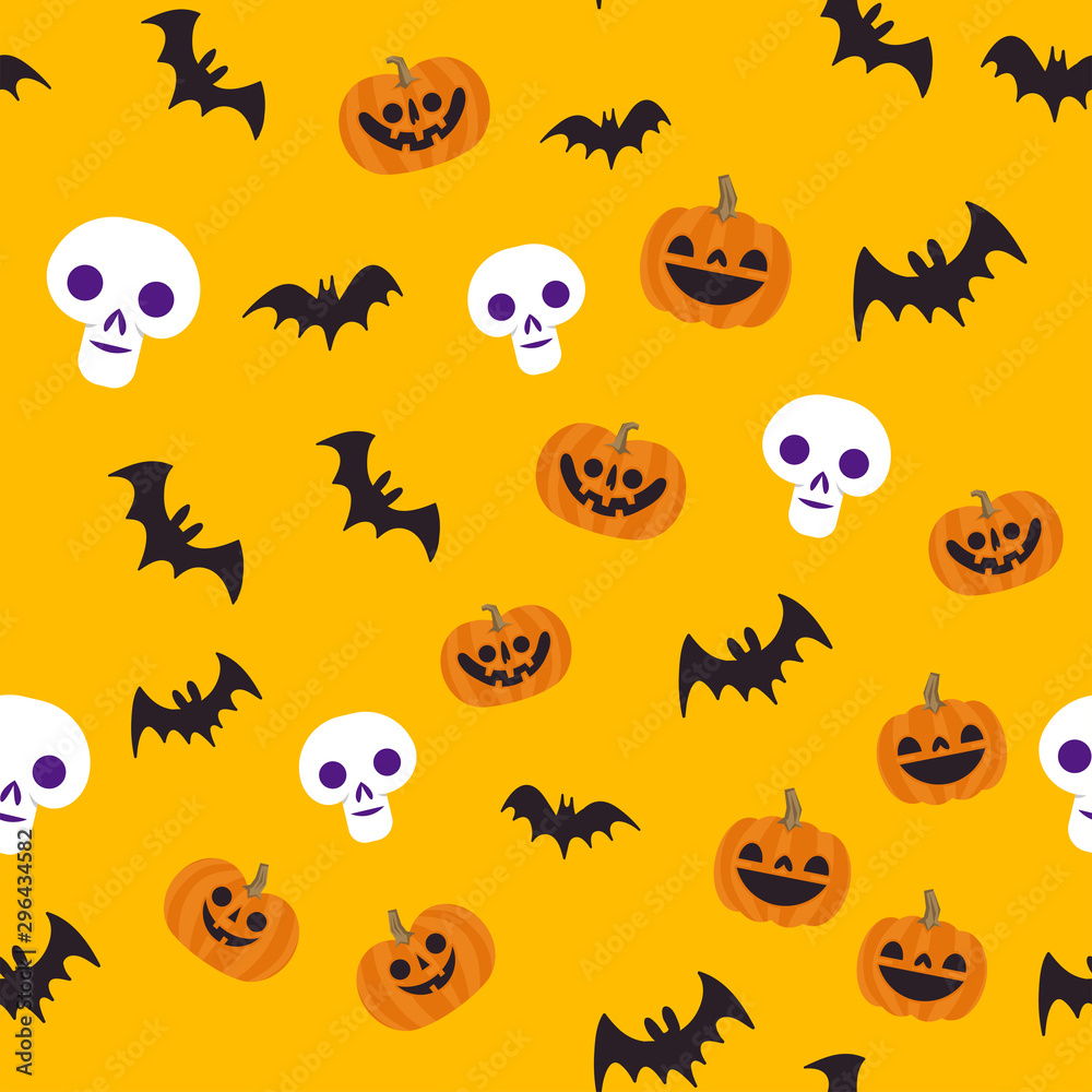 Fototapeta premium Halloween seamless pattern. Skulls, pumpkins and bats. Cute illustrations. Background texture.