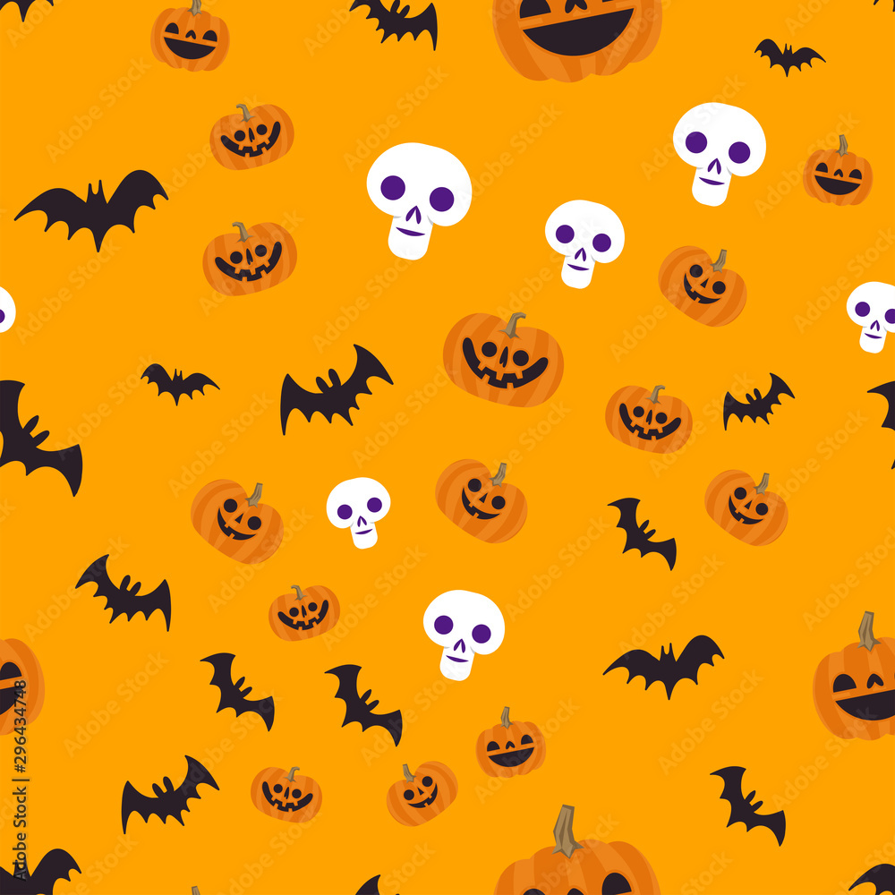 Fototapeta premium Halloween seamless pattern. Skulls, pumpkins and bats. Cute illustrations. Background texture.