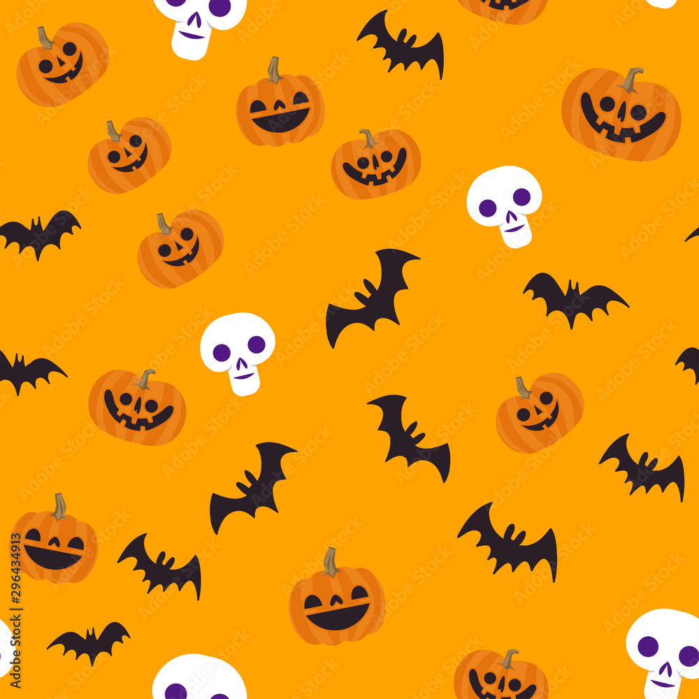 Halloween seamless pattern. Skulls, pumpkins and bats. Cute illustrations. Background texture.