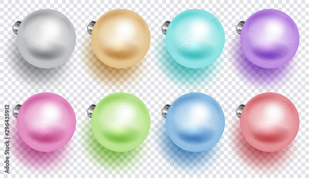 Set of multicolored Christmas balls with soft shadows, isolated on transparent background