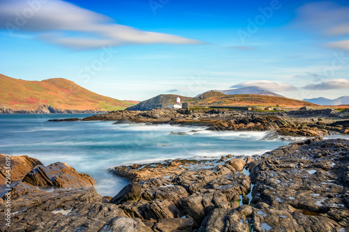 Beautiful view landscape seascape sunrise morning sunlight Valentia Island Cromwell Point Lighthouse Portmagee Ring ok Kerry Ireland colors long exposure