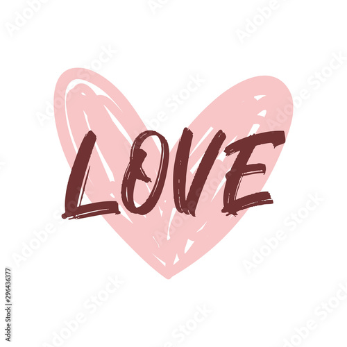 Heart doodle icon with love text calligraphy