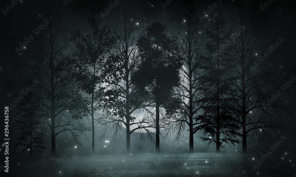 Fototapeta premium Dark forest. Gloomy dark scene with trees, big moon, moonlight. Smoke, shadow. Abstract dark, cold street background. Night view.
