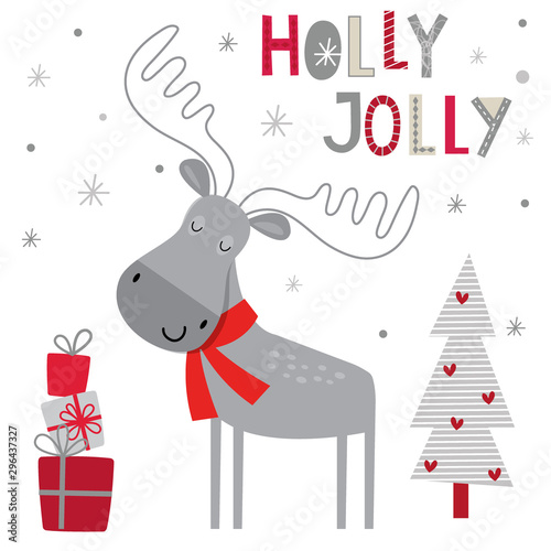 Cute christmas with cute reindeer and christmas tree. Cute Moose with Christmas gift and Christmas tree