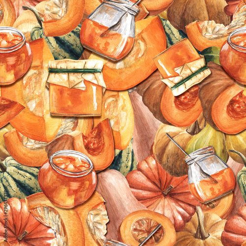 Autumn seamless dense pattern of pumpkins and jars of jam. Hand drawn watercolor illustration ideal for fabric and wrapping paper © fotomango
