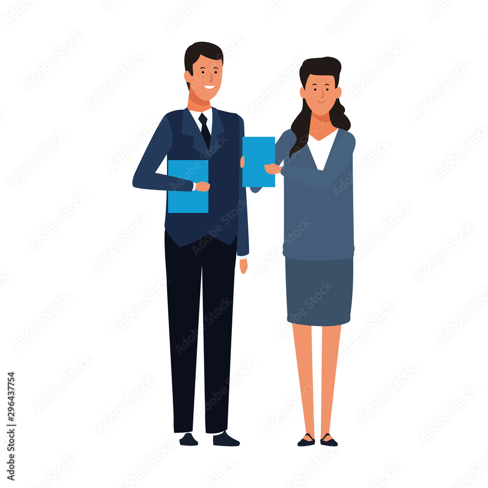 Cartoon business man and woman standing, colorful design
