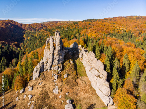 Tustan at fall, Urych, Ukraine. Drone shot