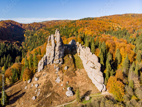 Tustan at fall, Urych, Ukraine. Drone shot
