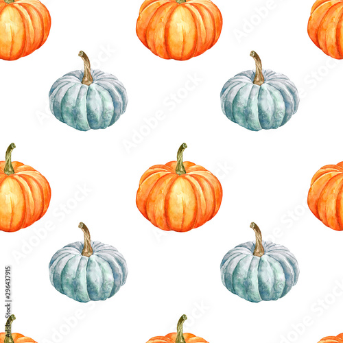 Pumpkins seamless pattern. Simple design. hand painted autumn veggies on whit...