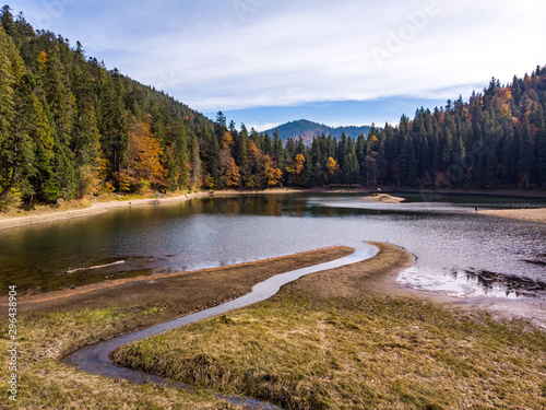 Synevyr at fall, Ukraine. Drone shot