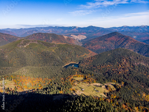 Synevyr at fall, Ukraine. Drone shot