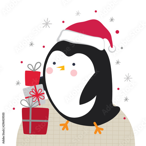 Cute little penguin with some Christmas gift on white background,