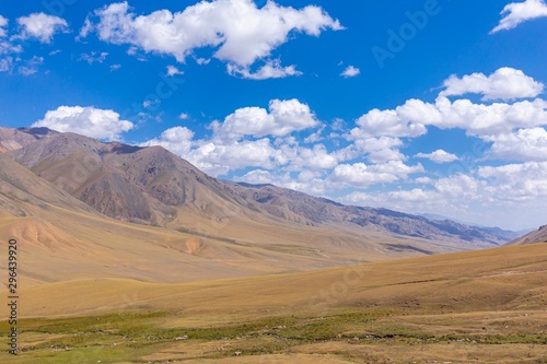 Kyrgyzstan gorges.Sky blue. Mountain valley. Panoramic view. Park, outdoor.