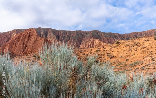 Kyrgyzstan gorges.Sky blue. Mountain valley. Panoramic view. Park, outdoor. photo