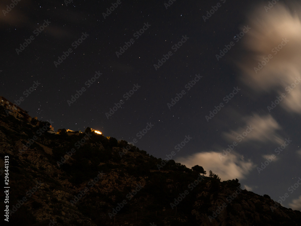 long exposure night photography of mountain and sky with stars