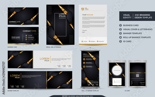 Luxury black gold stationery mock up set and visual brand identity with abstract overlap layers background.